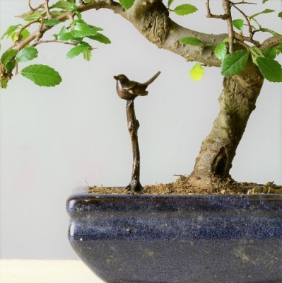 Miniature Bronze Robin on Tree Sculpture